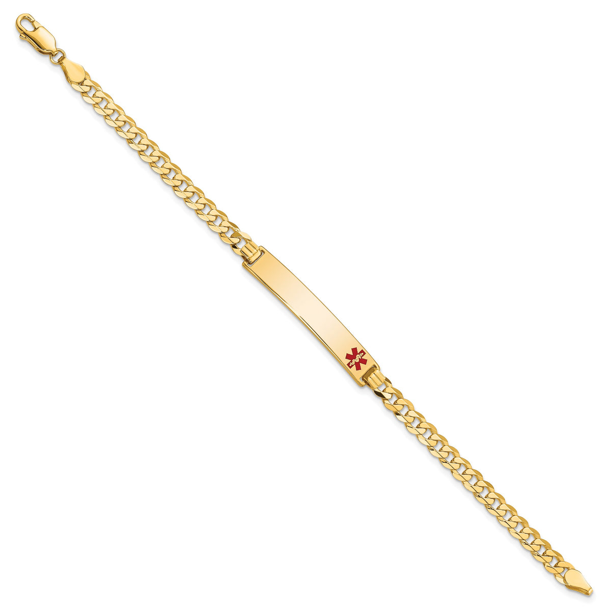 14K Medical Solid Chain/Solid Plate 33x6mm Off-Center Red Enamel Flat Curb Link 7 inch ID Bracelet
