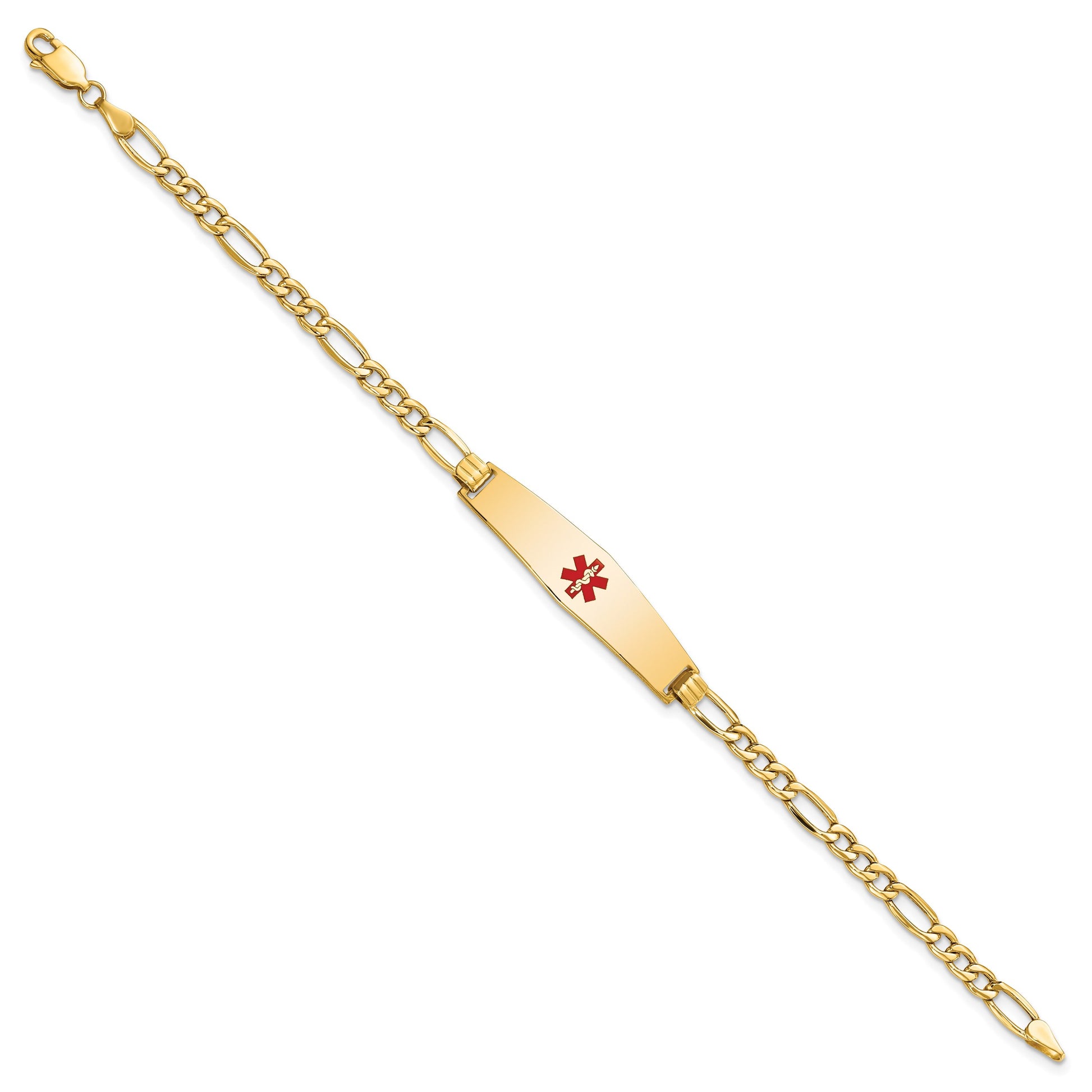 14K Medical Semi-Solid Chain/Solid Plate Soft Diamond Shape 33x8mm Centered Red Enamel Figaro Link 8 inch ID Bracelet