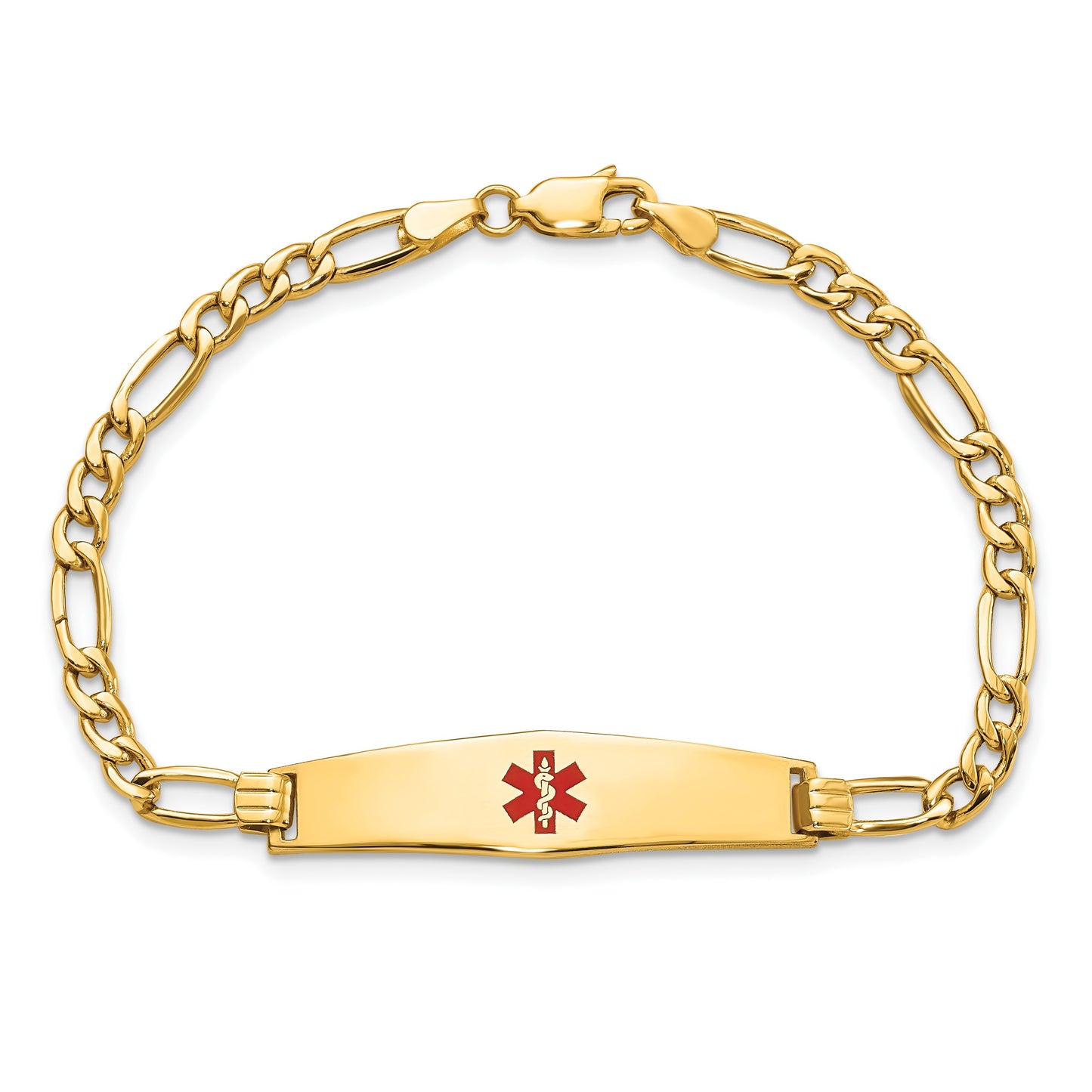 14K Medical Semi-Solid Chain/Solid Plate Soft Diamond Shape 33x8mm Centered Red Enamel Figaro Link 8 inch ID Bracelet