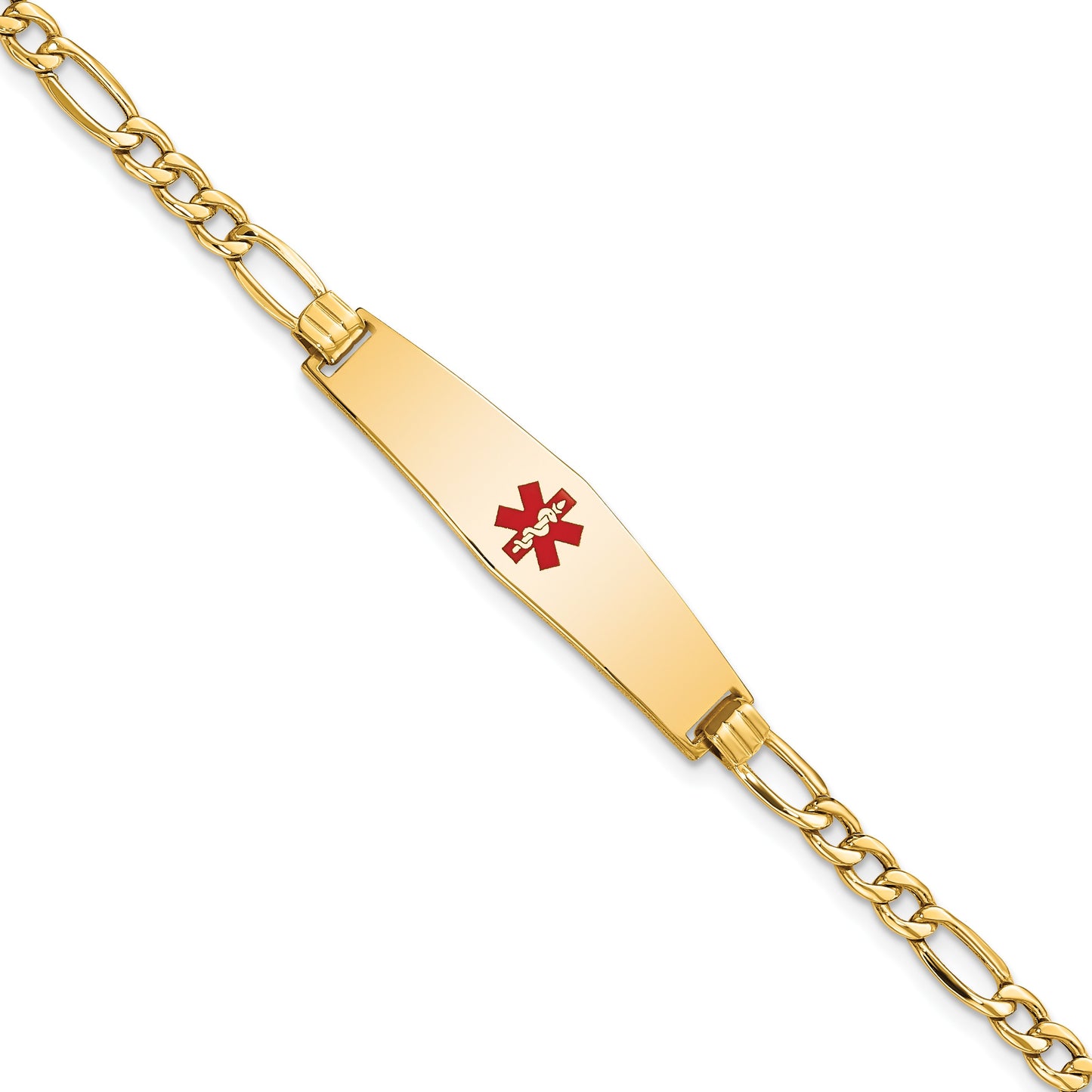 14K Medical Semi-Solid Chain/Solid Plate Soft Diamond Shape 33x8mm Centered Red Enamel Figaro Link 8 inch ID Bracelet