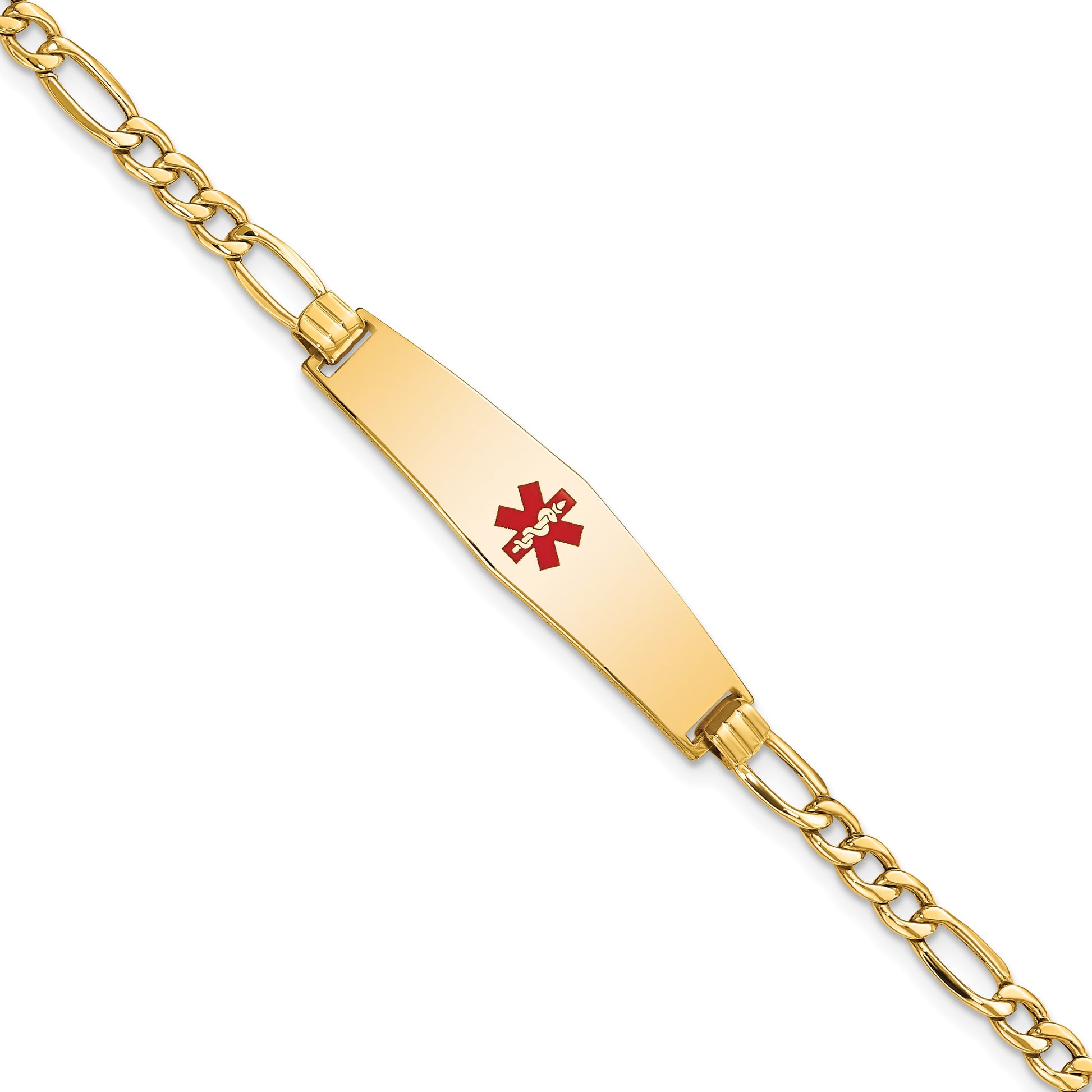 14K Medical Semi-Solid Chain/Solid Plate Soft Diamond Shape 33x8mm Centered Red Enamel Figaro Link 8 inch ID Bracelet