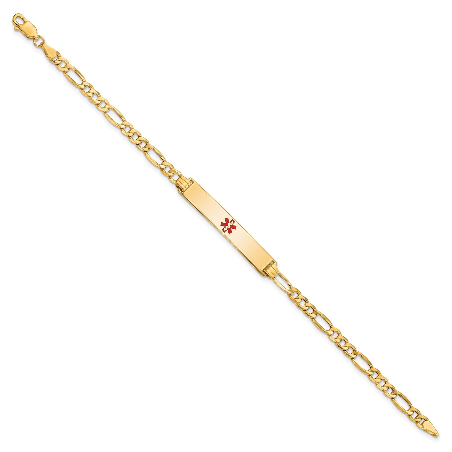 14K Medical Semi-Solid Chain/Solid Plate 34x6mm Centered Red Enamel Figaro Link 8 inch ID Bracelet