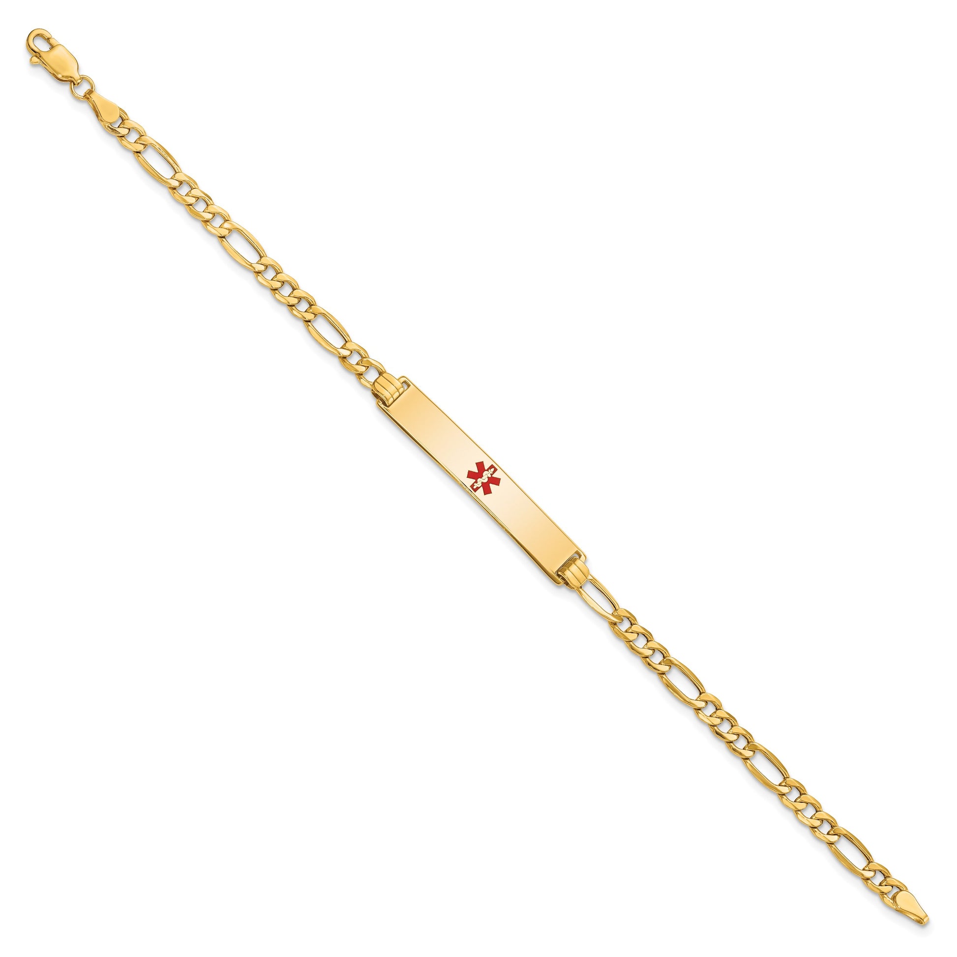 14K Medical Semi-Solid Chain/Solid Plate 34x6mm Centered Red Enamel Figaro Link 8 inch ID Bracelet