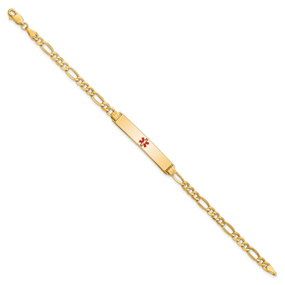 14K Medical Semi-Solid Chain/Solid Plate 34x6mm Centered Red Enamel Figaro Link 8 inch ID Bracelet