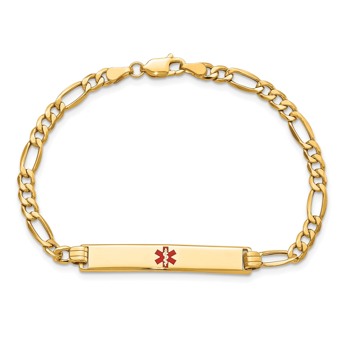 14K Medical Semi-Solid Chain/Solid Plate 34x6mm Centered Red Enamel Figaro Link 8 inch ID Bracelet