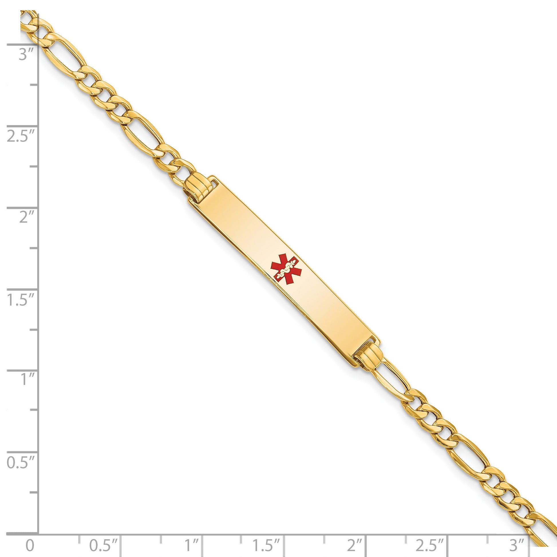 14K Medical Semi-Solid Chain/Solid Plate 34x6mm Centered Red Enamel Figaro Link 8 inch ID Bracelet