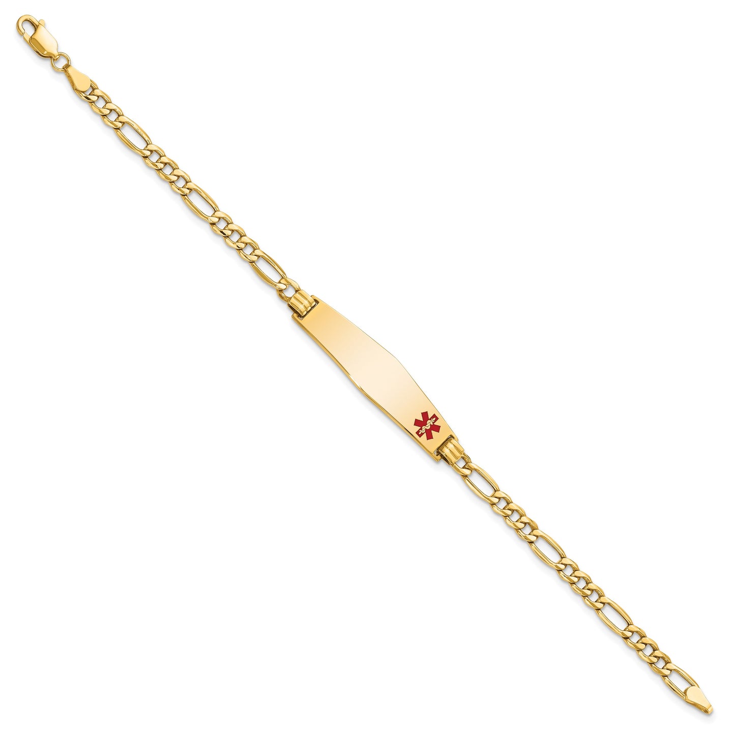 14K Medical Semi-Solid Chain/Solid Plate Soft Diamond Shape 34x8mm Off-Center Red Enamel Figaro Link 8 inch ID Bracelet