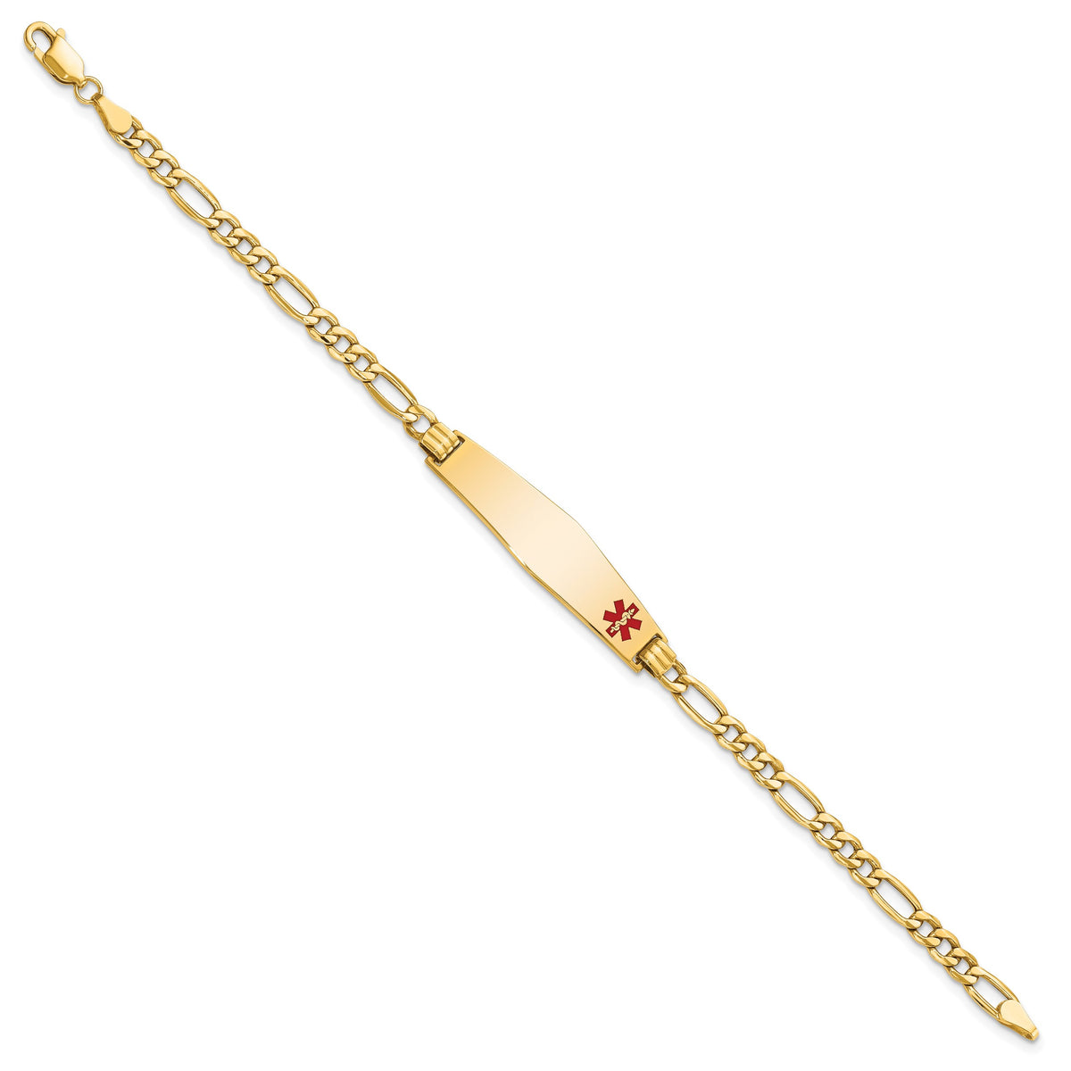 14K Medical Semi-Solid Chain/Solid Plate Soft Diamond Shape 34x8mm Off-Center Red Enamel Figaro Link 7 inch ID Bracelet