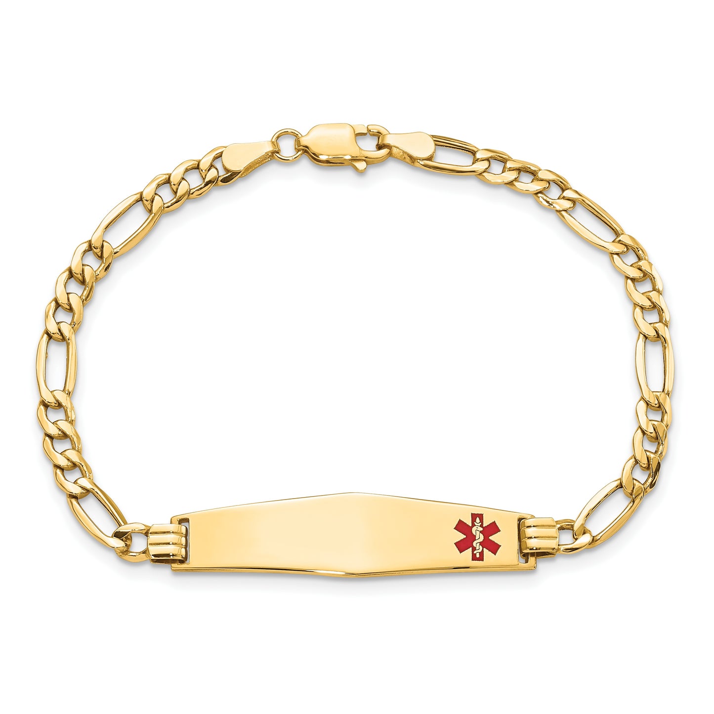 14K Medical Semi-Solid Chain/Solid Plate Soft Diamond Shape 34x8mm Off-Center Red Enamel Figaro Link 8 inch ID Bracelet