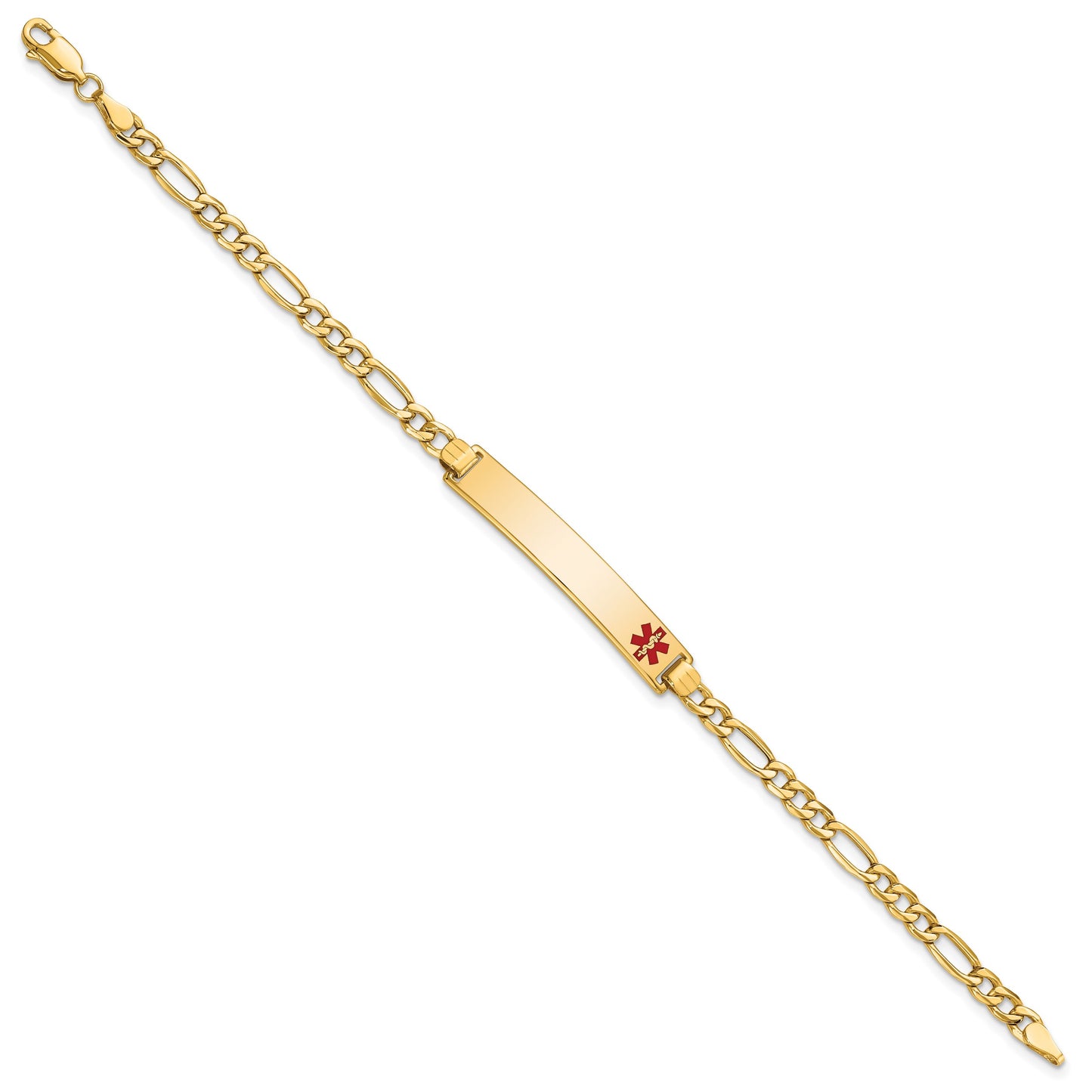 14K Medical Semi-Solid Chain/Solid Plate 35x6mm Off-Center Red Enamel Figaro Link 8 inch ID Bracelet