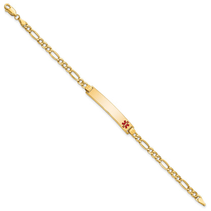 14K Medical Semi-Solid Chain/Solid Plate 35x6mm Off-Center Red Enamel Figaro Link 8 inch ID Bracelet