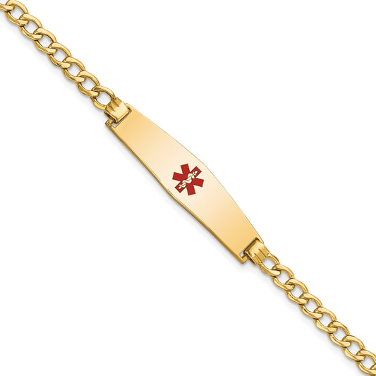 14K Medical Semi-Solid Chain/Solid Plate Soft Diamond Shape 33x8mm Centered Red Enamel Curb Link 8 inch ID Bracelet