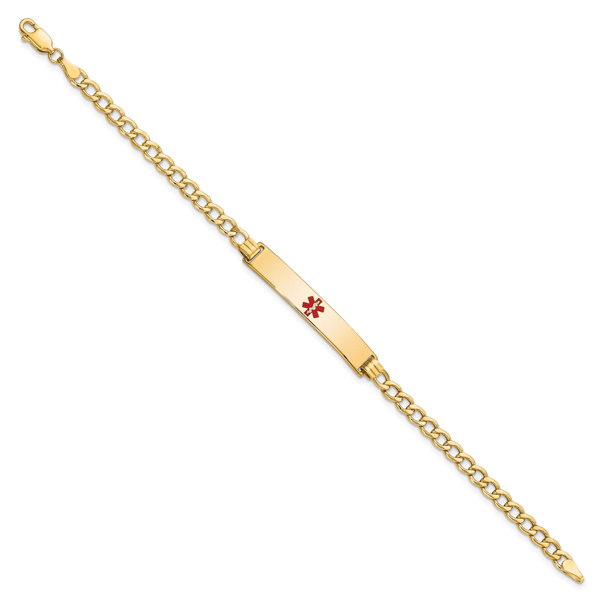 14K Medical Semi-Solid Chain/Solid Plate 34x6mm Centered Red Enamel Curb Link 8 inch ID Bracelet
