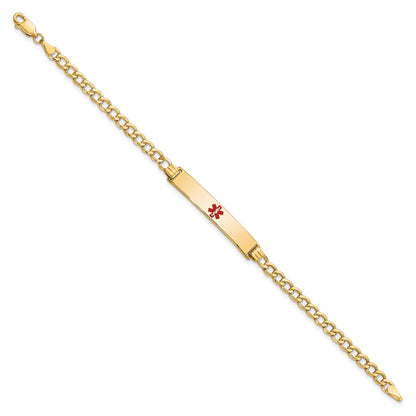 14K Medical Semi-Solid Chain/Solid Plate 34x6mm Centered Red Enamel Curb Link 8 inch ID Bracelet