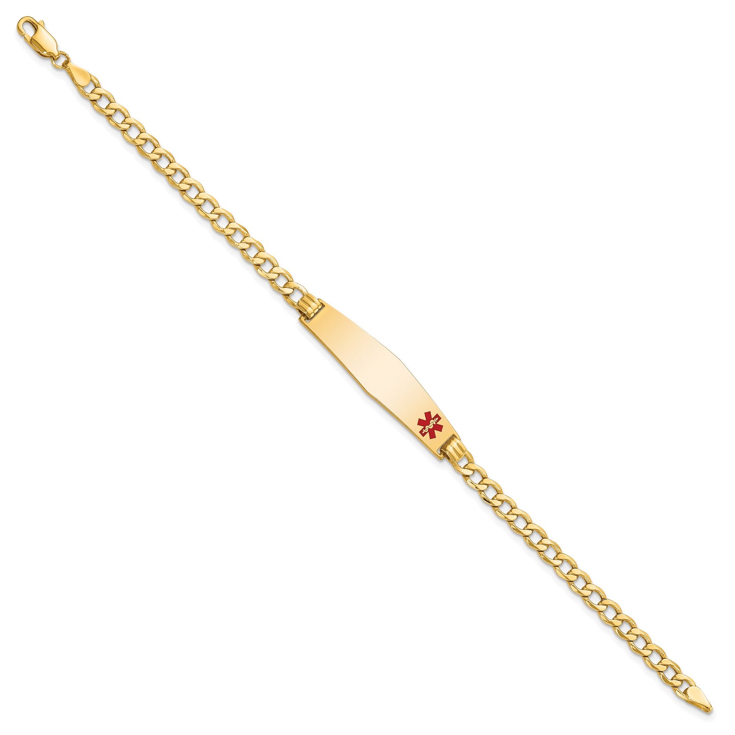 14K Medical Semi-Solid Chain/Solid Plate Soft Diamond Shape 34x8mm Off-Center Red Enamel Curb Link 7 inch ID Bracelet