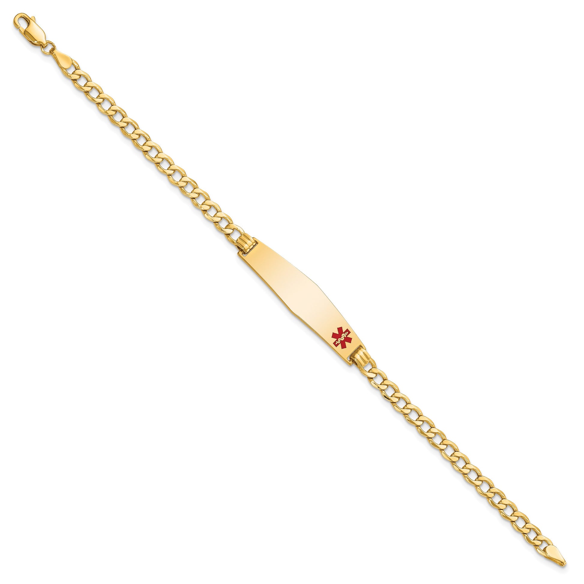14K Medical Semi-Solid Chain/Solid Plate Soft Diamond Shape 34x8mm Off-Center Red Enamel Curb Link 7 inch ID Bracelet