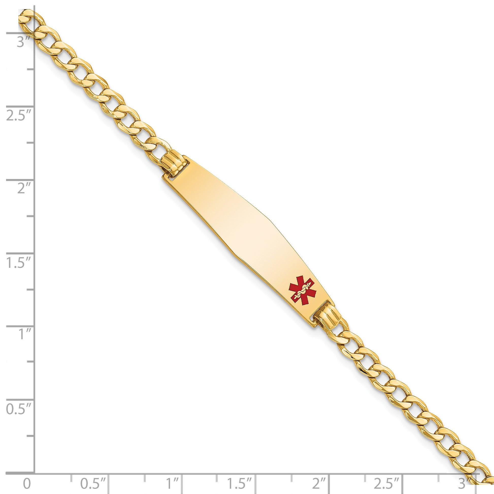14K Medical Semi-Solid Chain/Solid Plate Soft Diamond Shape 34x8mm Off-Center Red Enamel Curb Link 7 inch ID Bracelet