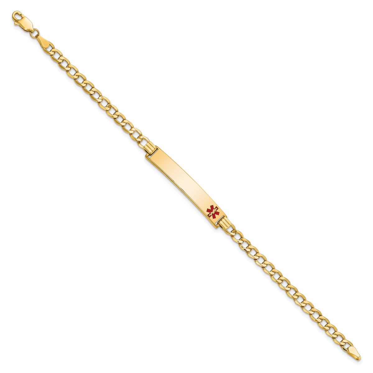 14K Medical Semi-Solid Chain/Solid Plate 35x6mm Off-Center Red Enamel Curb Link 7 inch ID Bracelet