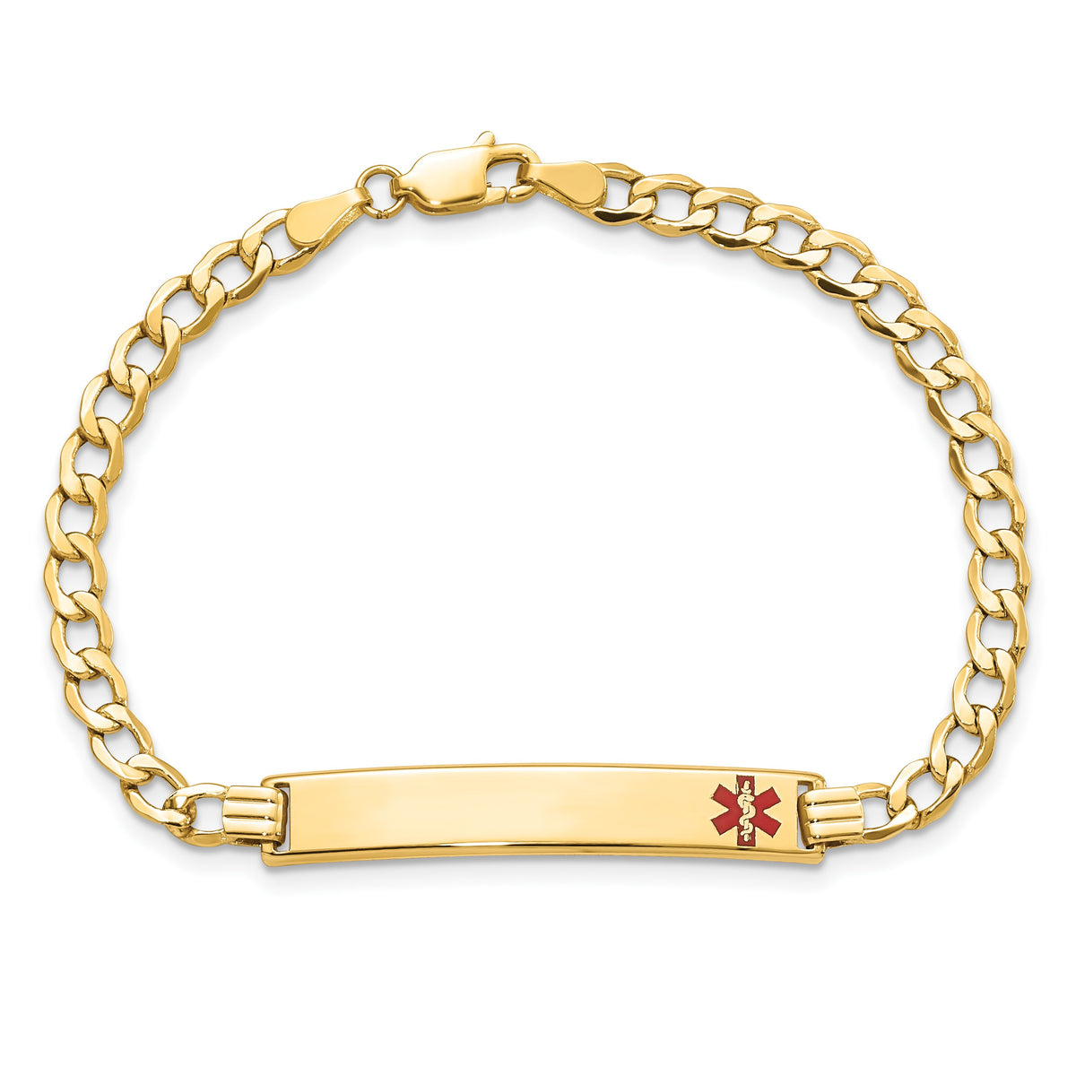 14K Medical Semi-Solid Chain/Solid Plate 35x6mm Off-Center Red Enamel Curb Link 7 inch ID Bracelet
