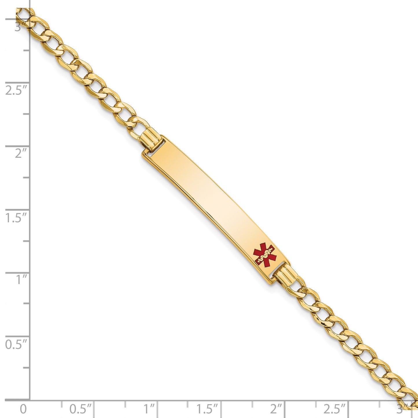 14K Medical Semi-Solid Chain/Solid Plate 35x6mm Off-Center Red Enamel Curb Link 8 inch ID Bracelet