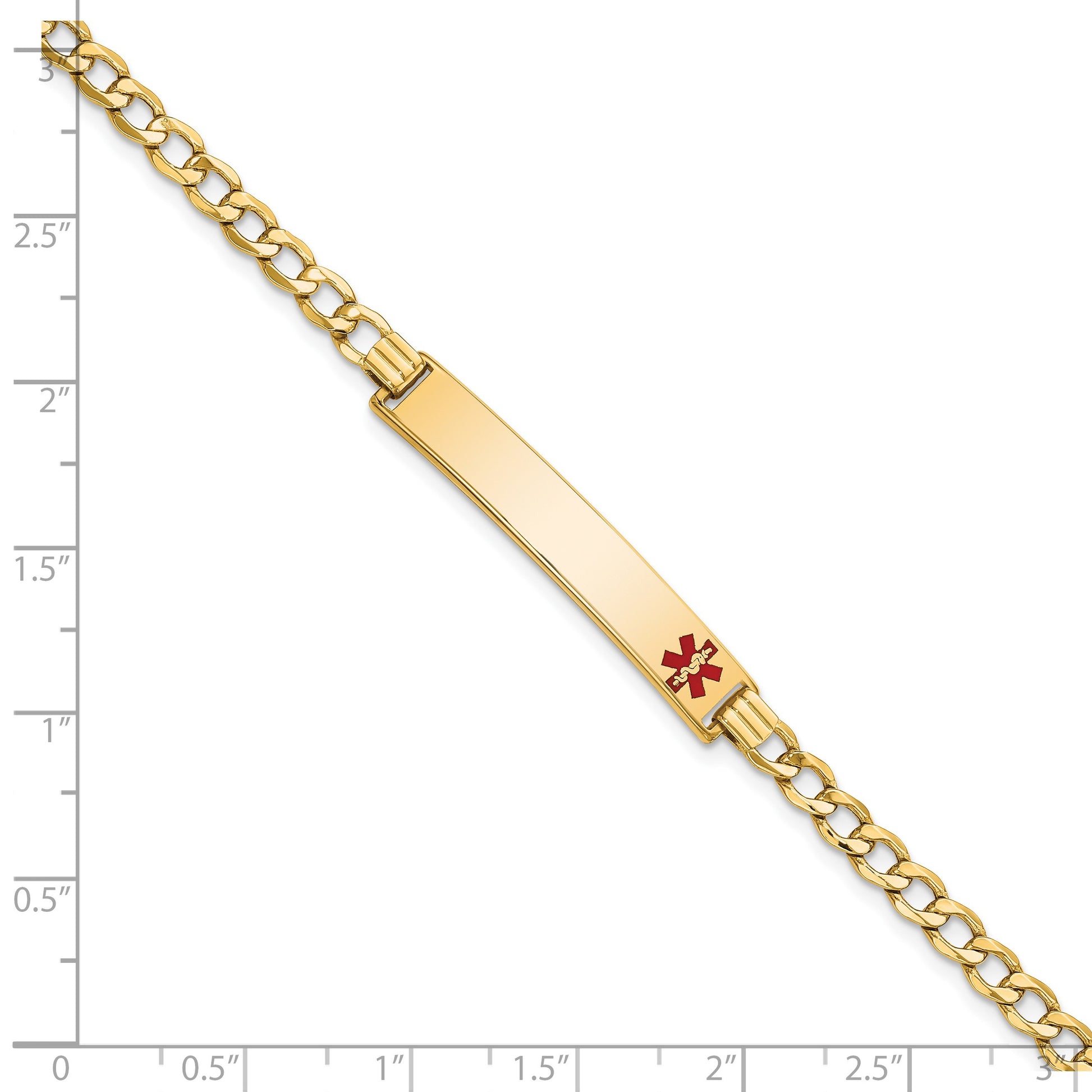 14K Medical Semi-Solid Chain/Solid Plate 35x6mm Off-Center Red Enamel Curb Link 8 inch ID Bracelet