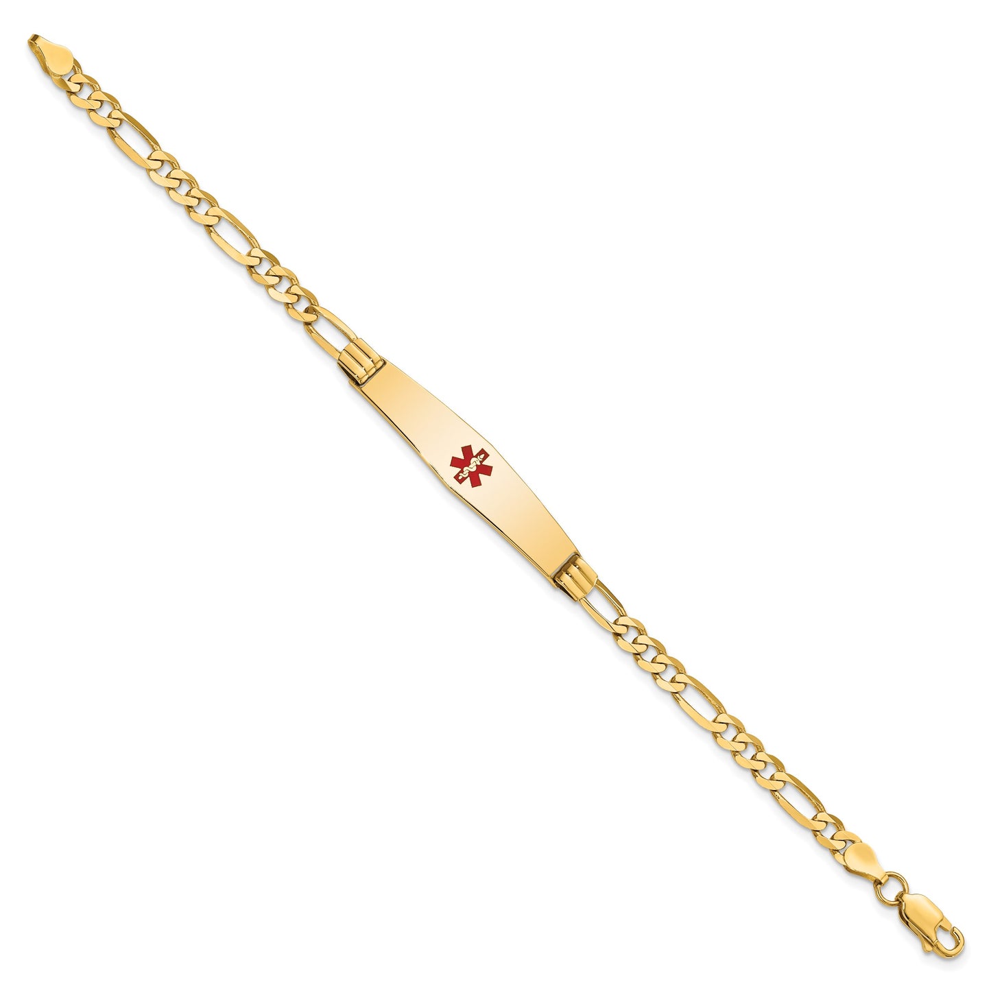 14K Medical Solid Chain/Solid Plate Soft Diamond Shape 36x9mm Centered Red Enamel Figaro Link 8 inch ID Bracelet
