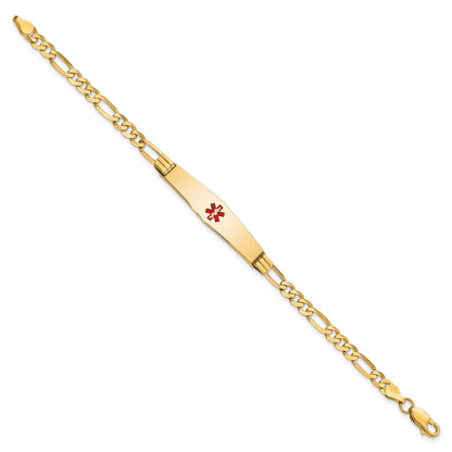 14K Medical Solid Chain/Solid Plate Soft Diamond Shape 36x9mm Centered Red Enamel Figaro Link 8 inch ID Bracelet