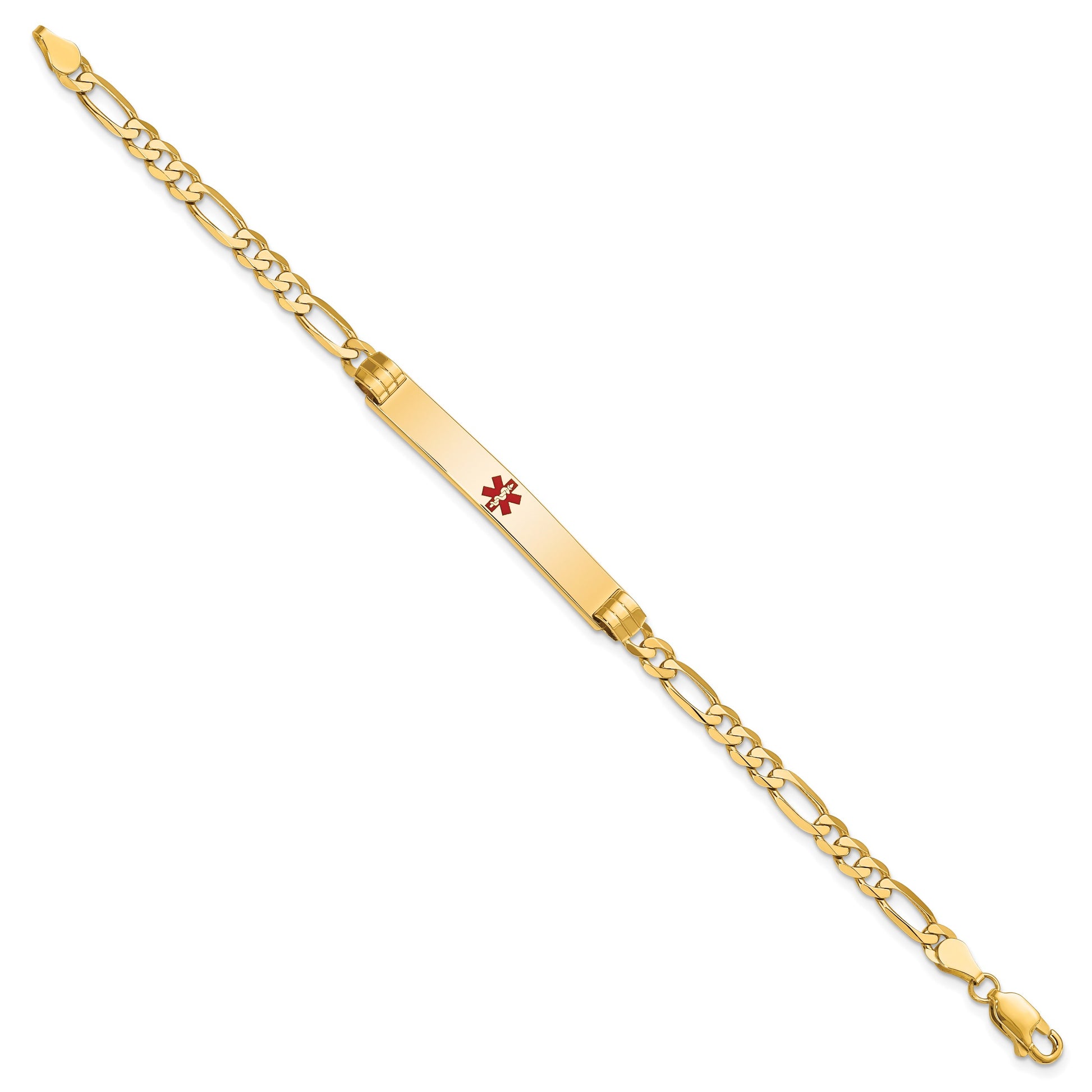 14K Medical Solid Chain/Solid Plate 37x6mm Centered Red Enamel Figaro Link 8 inch ID Bracelet