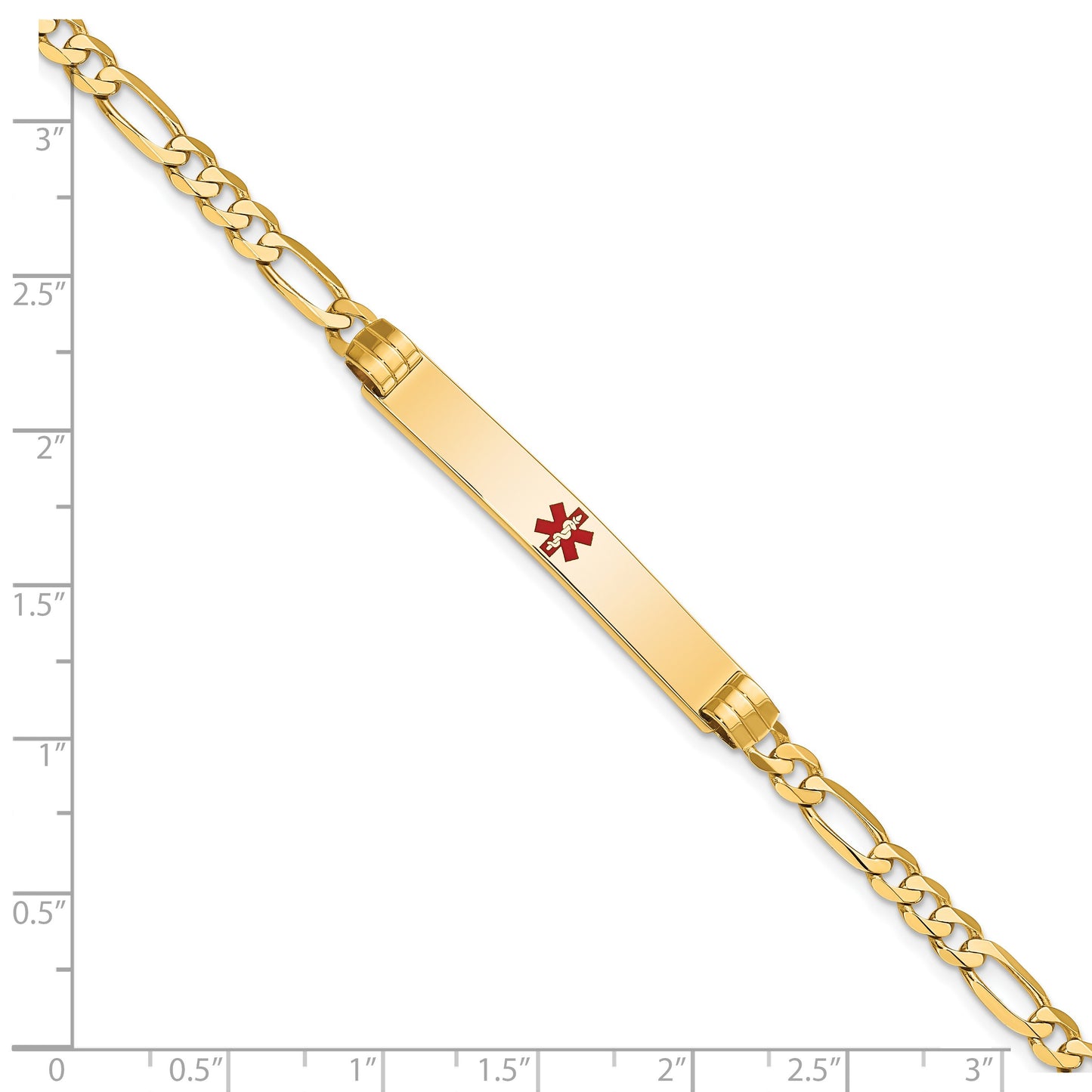 14K Medical Solid Chain/Solid Plate 37x6mm Centered Red Enamel Figaro Link 7 inch ID Bracelet