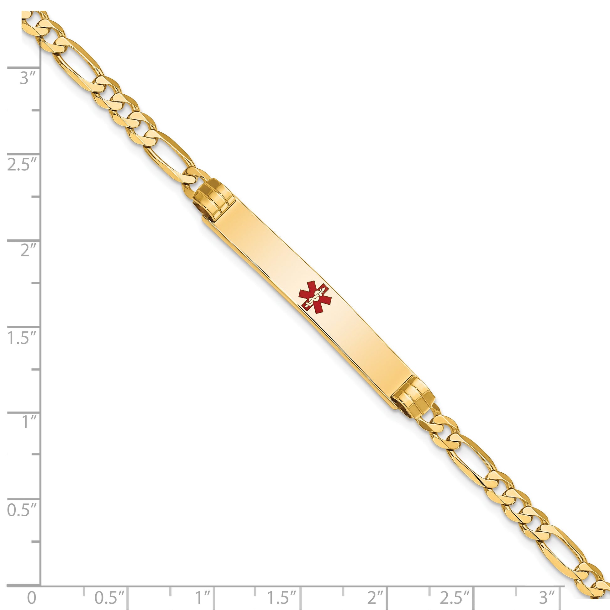 14K Medical Solid Chain/Solid Plate 37x6mm Centered Red Enamel Figaro Link 7 inch ID Bracelet