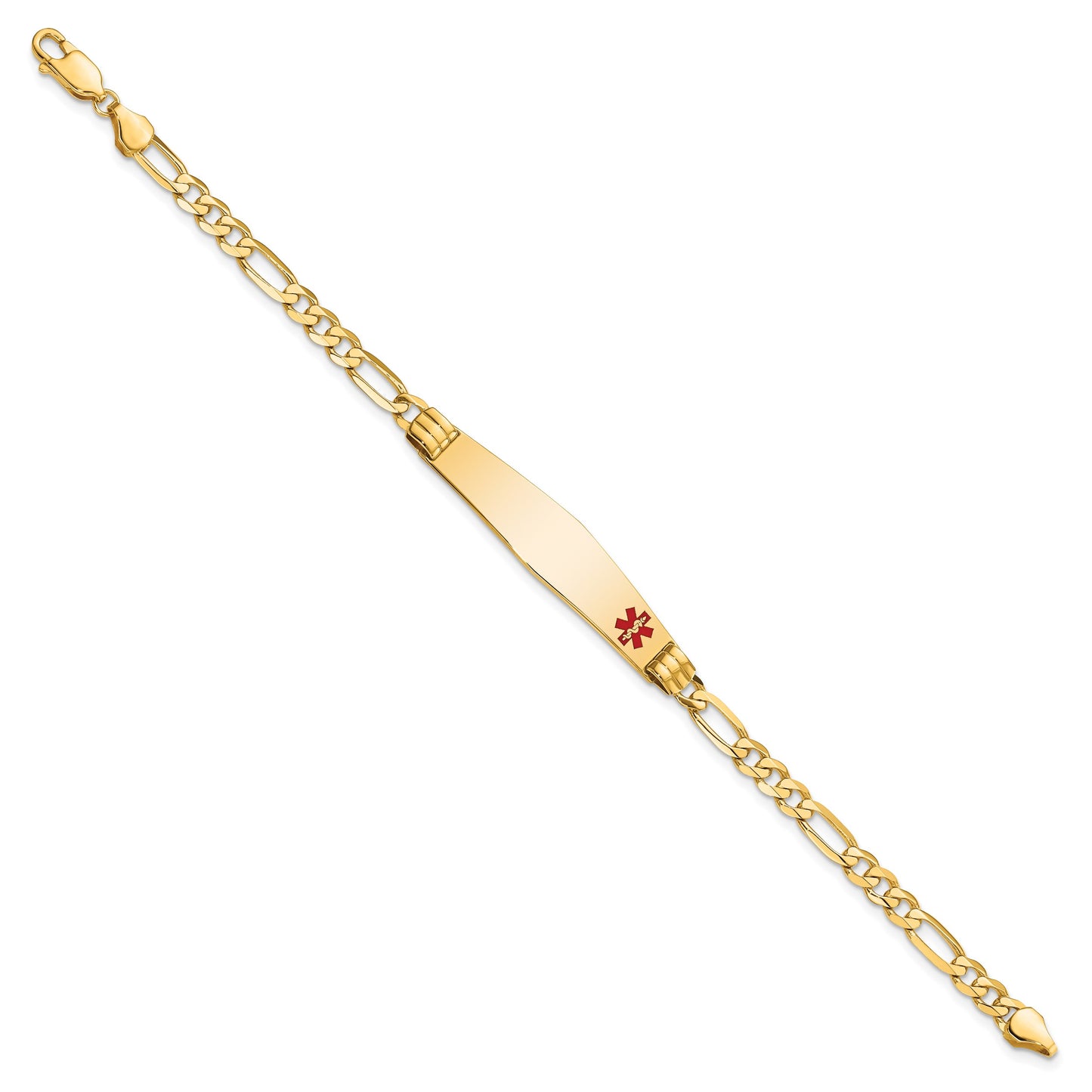 14K Medical Solid Chain/Solid Plate Soft Diamond Shape 36x9mm Off-Center Red Enamel Figaro Link 7 inch ID Bracelet