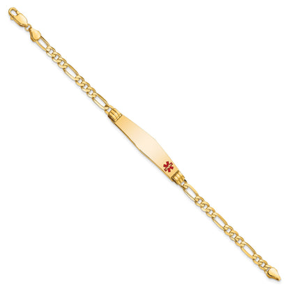 14K Medical Solid Chain/Solid Plate Soft Diamond Shape 36x9mm Off-Center Red Enamel Figaro Link 7 inch ID Bracelet