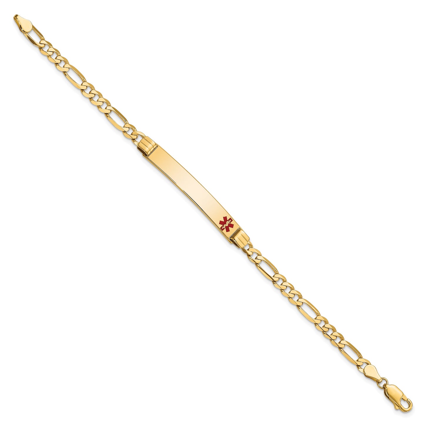 14K Medical Solid Chain/Solid Plate 37x6mm Off-Center Red Enamel Figaro Link 8 inch ID Bracelet