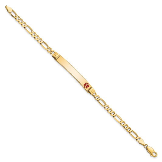 14K Medical Solid Chain/Solid Plate 37x6mm Off-Center Red Enamel Figaro Link7 inch ID Bracelet