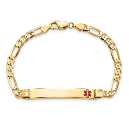 14K Medical Solid Chain/Solid Plate 37x6mm Off-Center Red Enamel Figaro Link 8 inch ID Bracelet