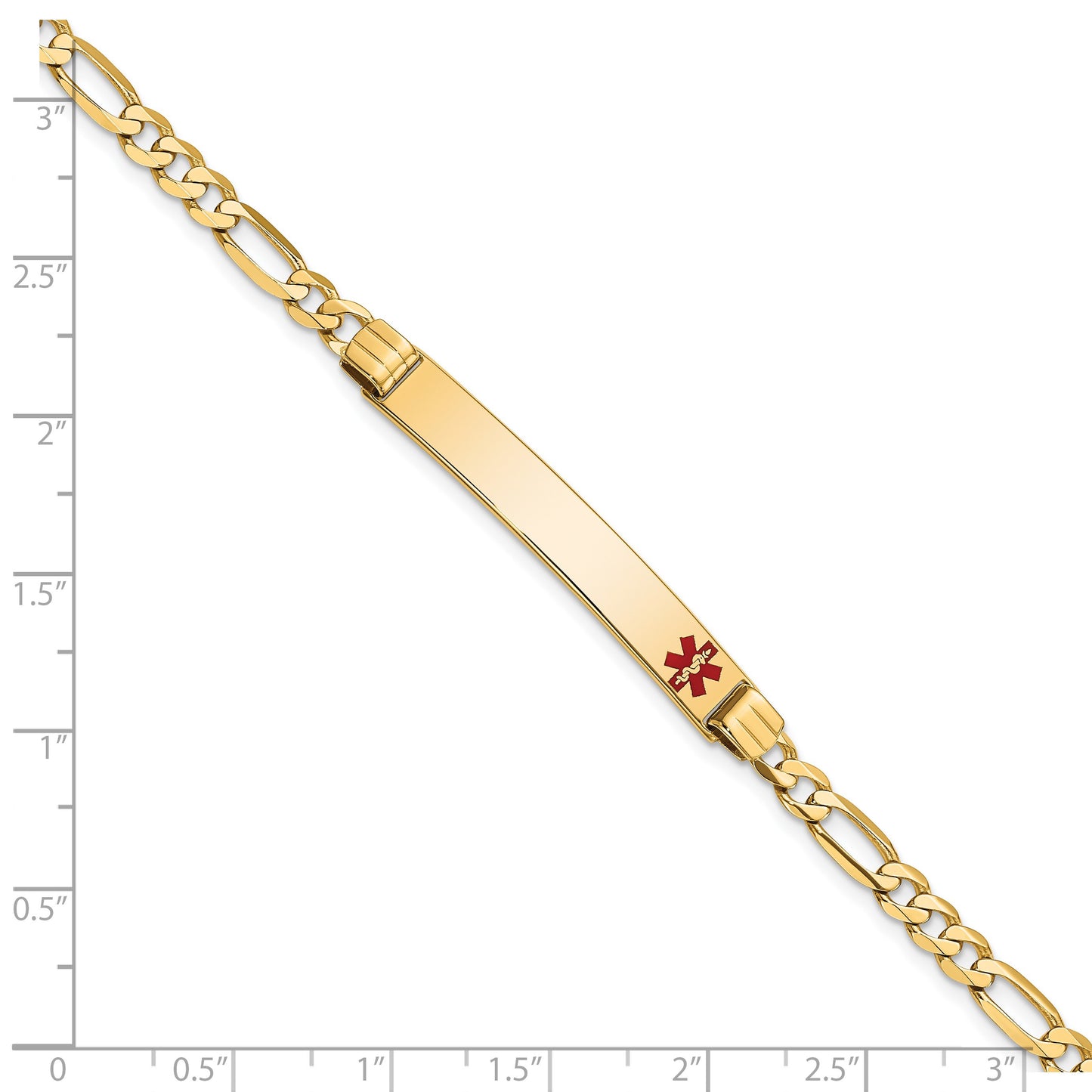 14K Medical Solid Chain/Solid Plate 37x6mm Off-Center Red Enamel Figaro Link 8 inch ID Bracelet
