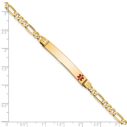14K Medical Solid Chain/Solid Plate 37x6mm Off-Center Red Enamel Figaro Link 8 inch ID Bracelet