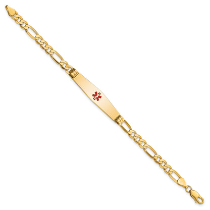 14K Medical Solid Chain/Solid Plate Soft Diamond Shape 36x9mm Centered Red Enamel Flat Figaro Link 8 inch ID Bracelet