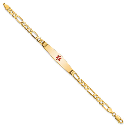 14K Medical Solid Chain/Solid Plate Soft Diamond Shape 36x9mm Centered Red Enamel Flat Figaro Link 7 inch ID Bracelet