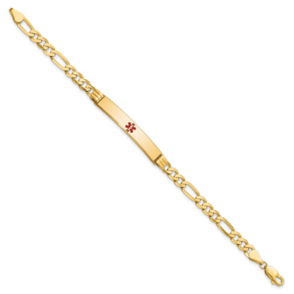 14K Medical Solid Chain/Solid Plate 37x6mm Centered Red Enamel Flat Figaro Link 7 inch ID Bracelet