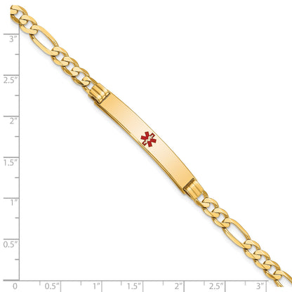 14K Medical Solid Chain/Solid Plate 37x6mm Centered Red Enamel Flat Figaro Link 8 inch ID Bracelet