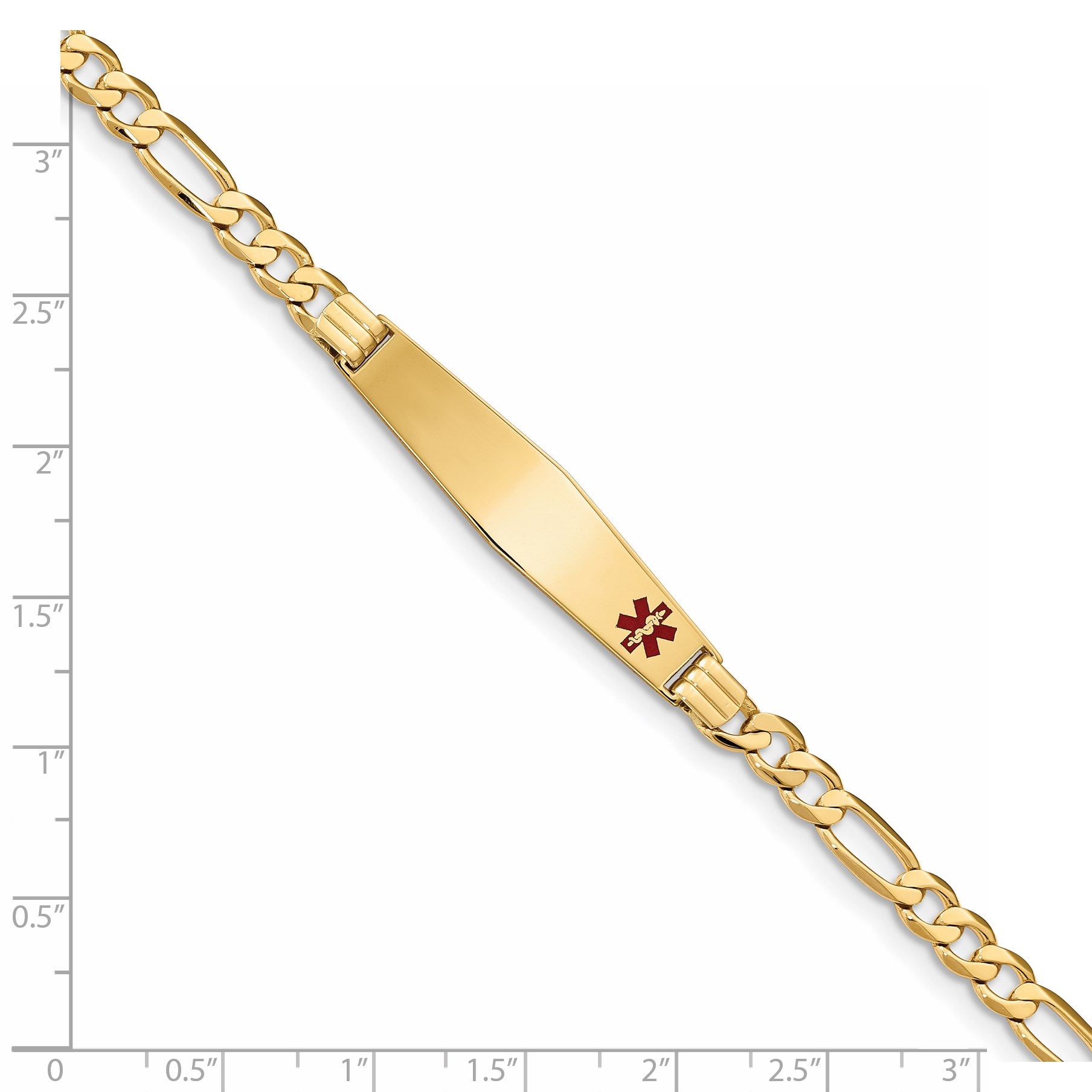 14K Medical Solid Chain/Solid Plate Soft Diamond Shape 36x9mm Off-Center Red Enamel Flat Figaro Link 8 inch ID Bracelet