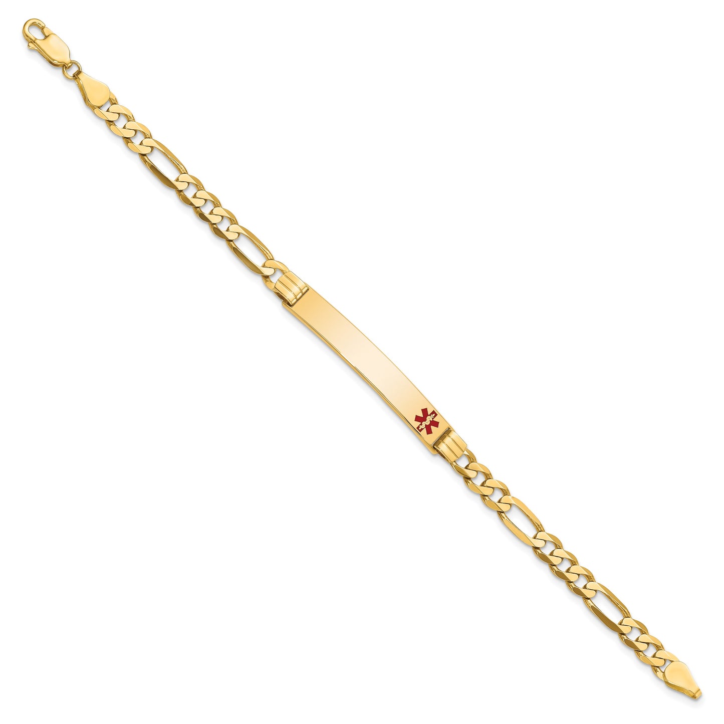 14K Medical Solid Chain/Solid Plate 37x6mm Off-Center Red Enamel Flat Figaro 8 inch Link ID Bracelet