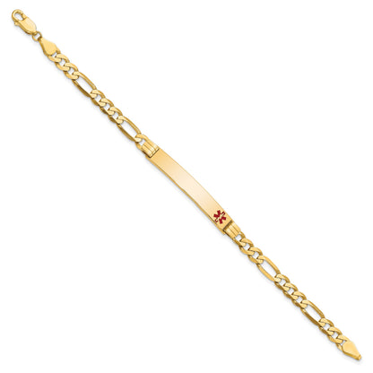 14K Medical Solid Chain/Solid Plate 37x6mm Off-Center Red Enamel Flat Figaro 8 inch Link ID Bracelet