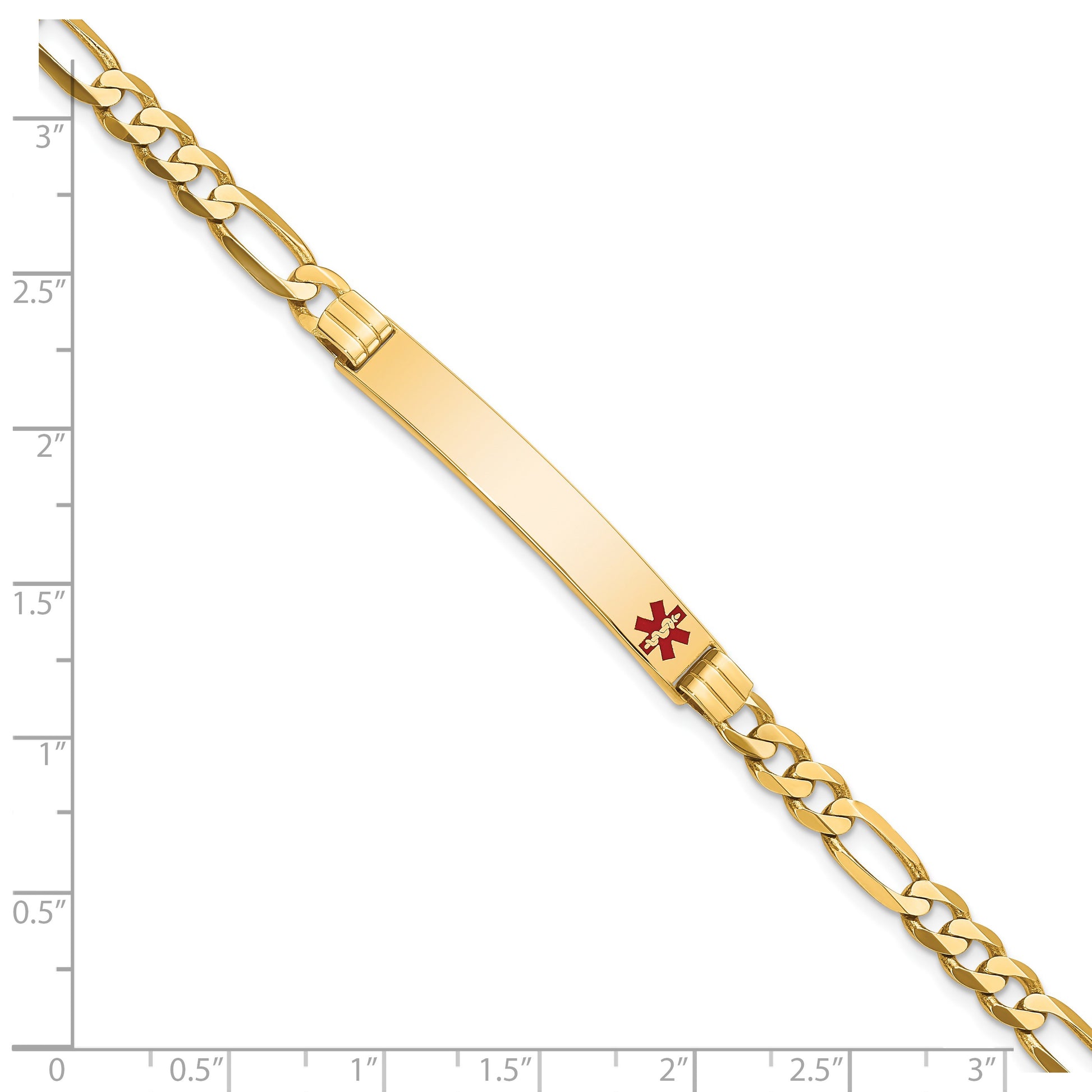 14K Medical Solid Chain/Solid Plate 37x6mm Off-Center Red Enamel Flat Figaro 7 inch Link ID Bracelet