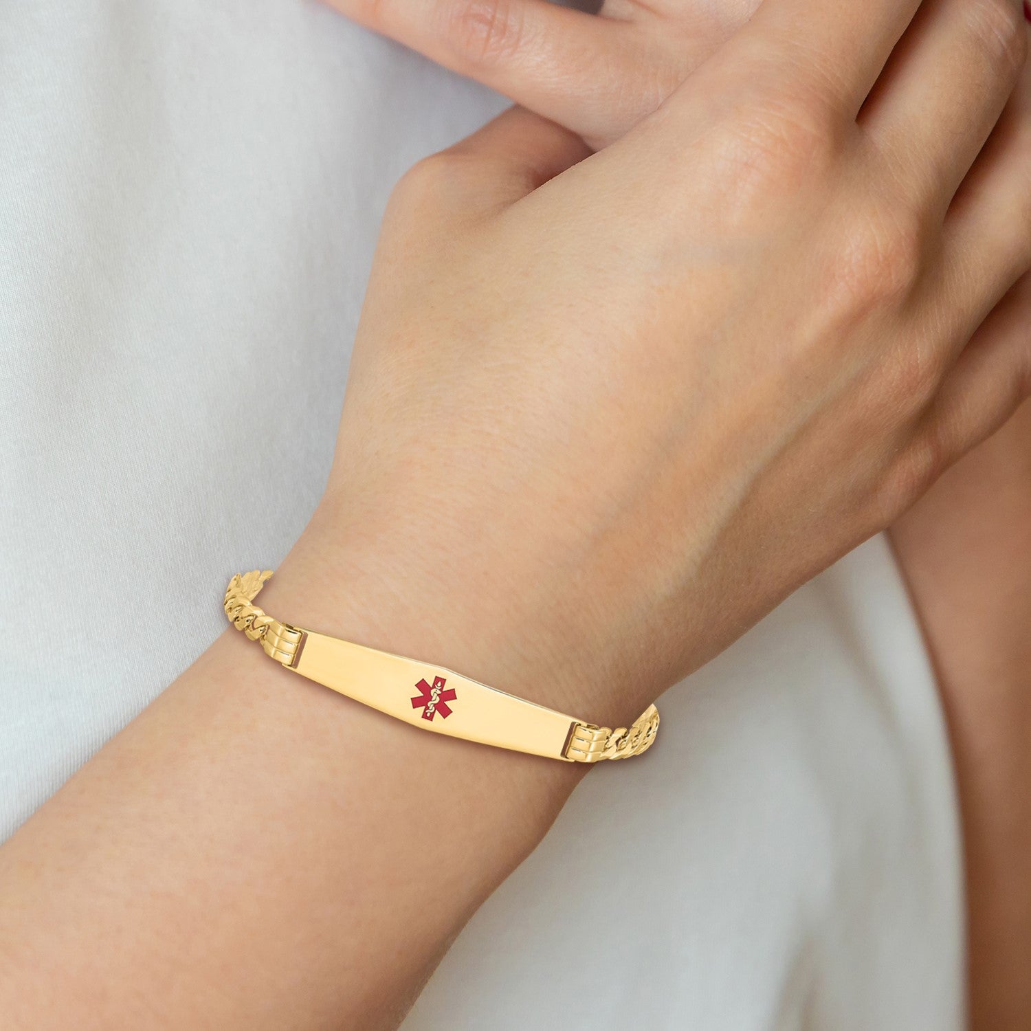 14K Medical Solid Chain/Solid Plate Soft Diamond Shape 36x9mm Centered Red Enamel Curb Link 7 inch ID Bracelet