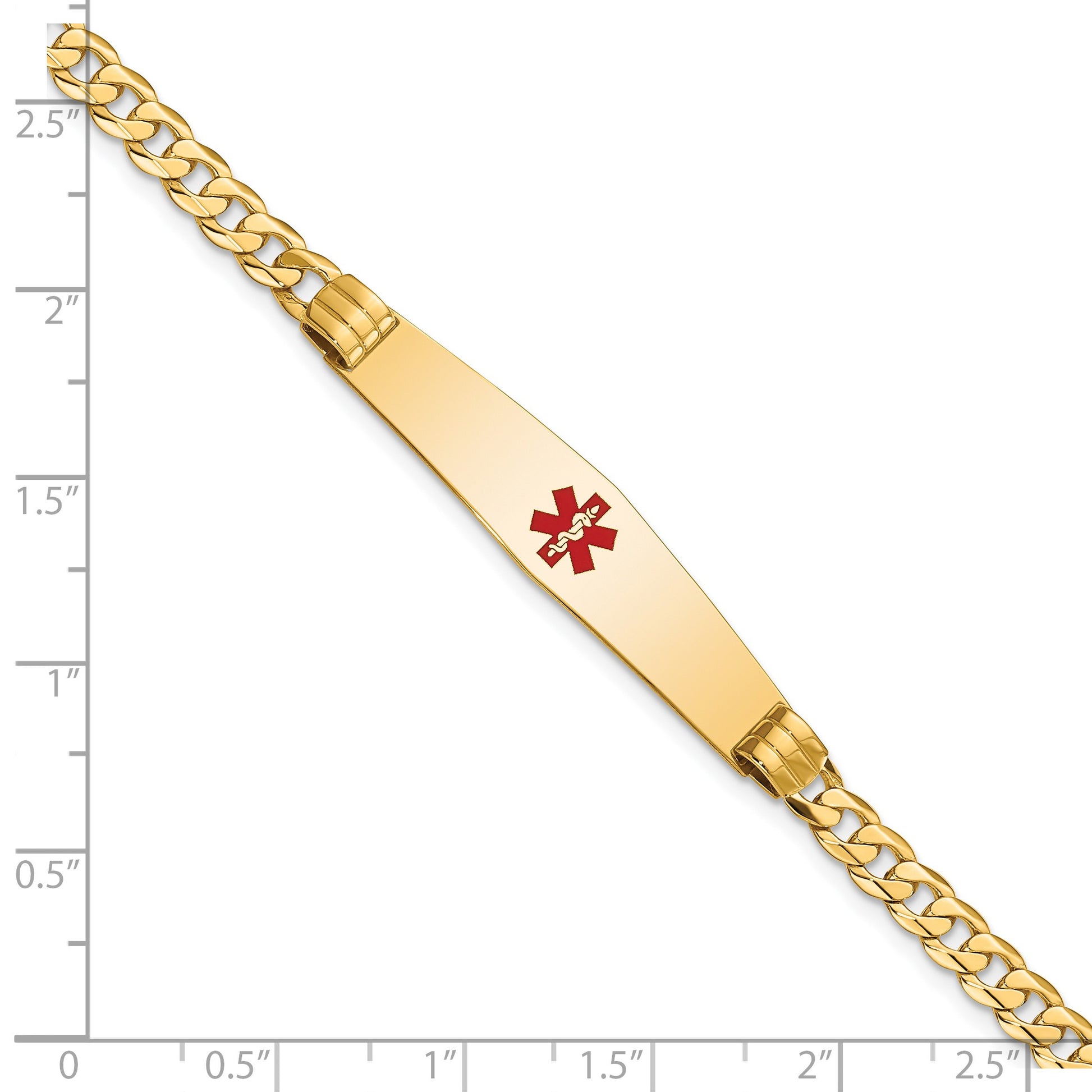 14K Medical Solid Chain/Solid Plate Soft Diamond Shape 36x9mm Centered Red Enamel Curb Link 8 inch ID Bracelet