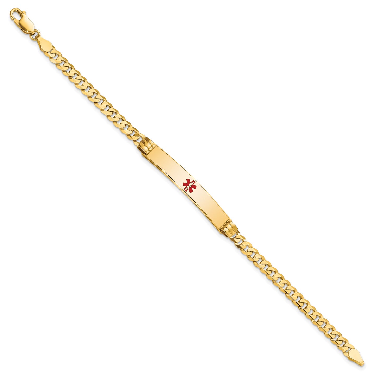 14K Medical Solid Chain/Solid Plate 37x6mm Centered Red Enamel Curb Link 7 inch ID Bracelet
