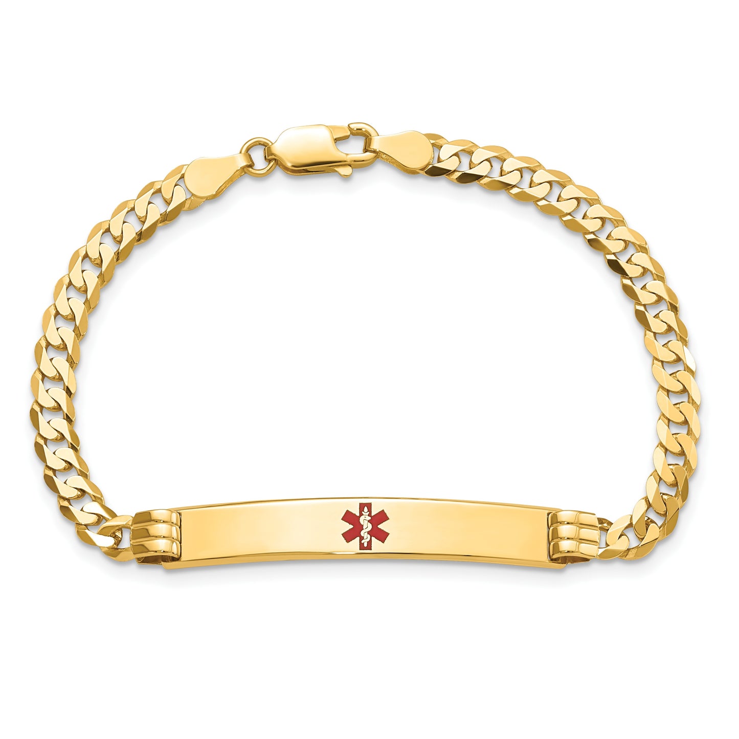 14K Medical Solid Chain/Solid Plate 37x6mm Centered Red Enamel Curb Link 8 inch ID Bracelet