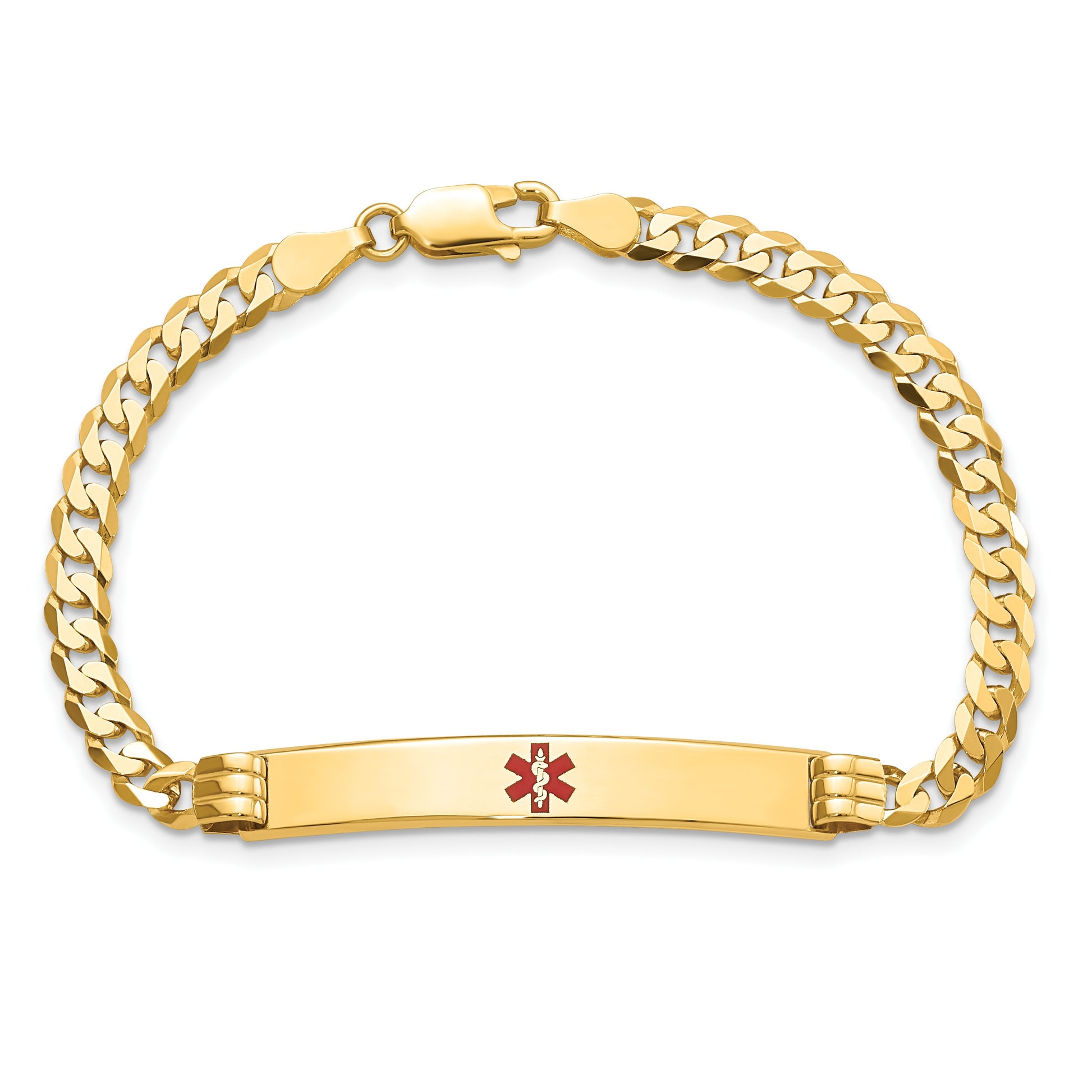 14K Medical Solid Chain/Solid Plate 37x6mm Centered Red Enamel Curb Link 8 inch ID Bracelet